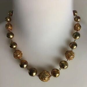 Vintage Casual Corner Necklace Wire Wrapped Beaded Link Warm Gold Tone Beads